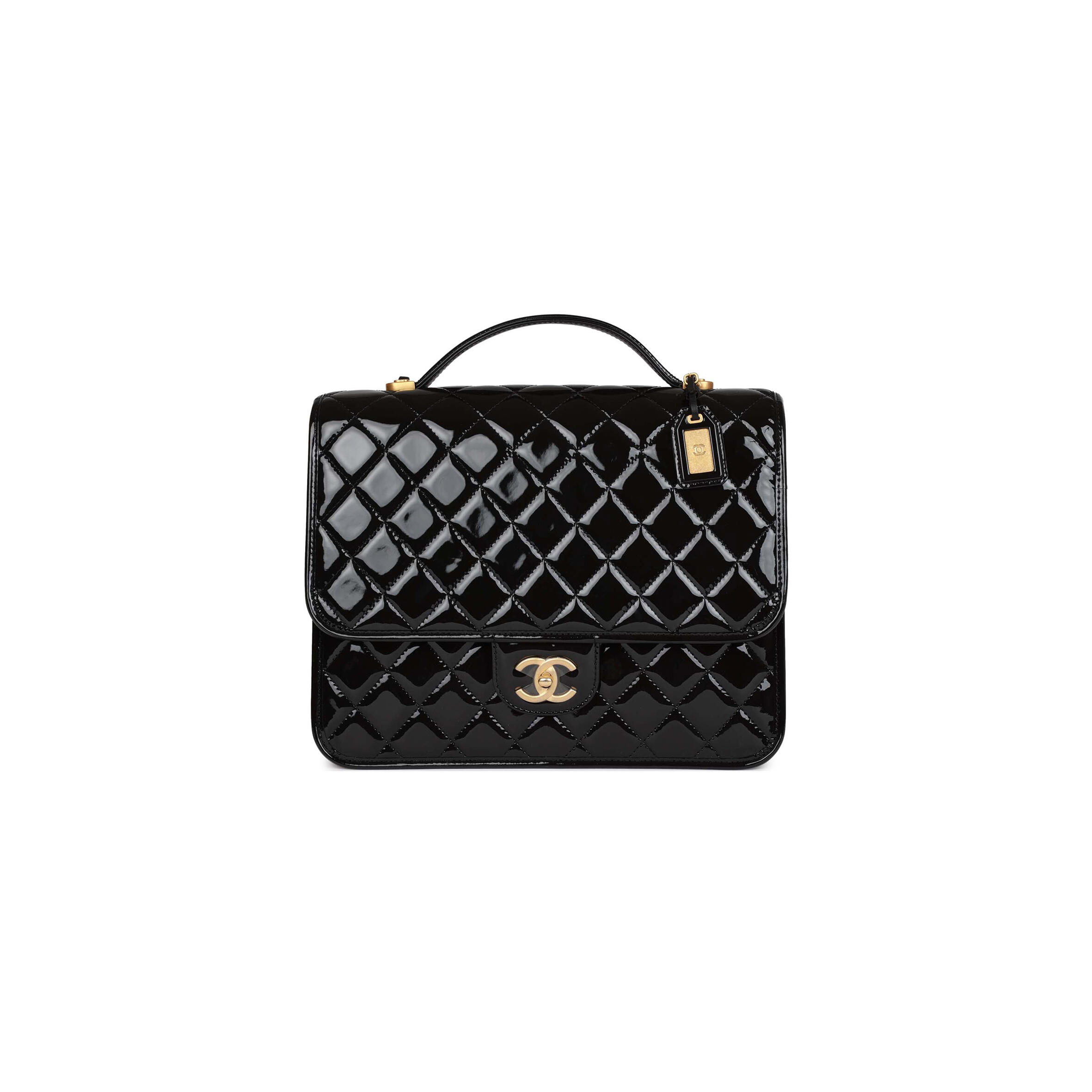 CHANEL MASTER LARGE FLAP BACKPACK BLACK PATENT ANTIQUE GOLD HARDWARE (30*23*10cm)